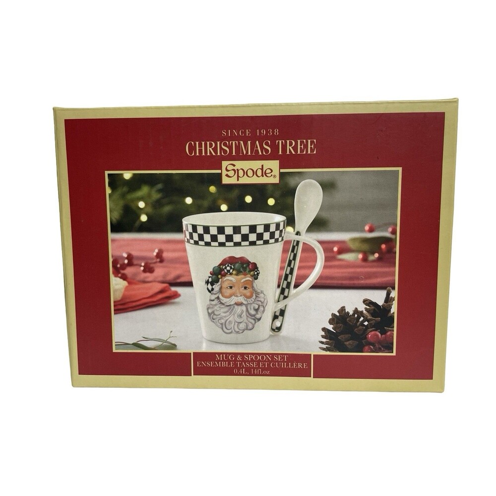 Spode Santa Clause Christmas Cocoa Mug & Spoon Set Checkered Black & White New